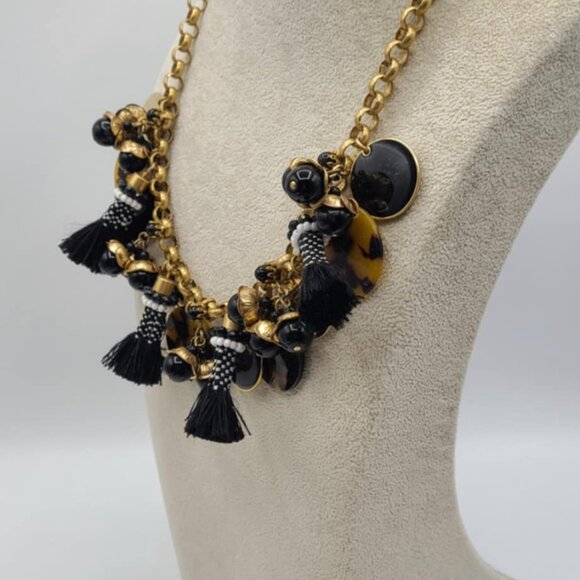 J Crew Black Tassel Gold Tone Disk Tortoise Charm Link Necklace - Picture 8 of 11